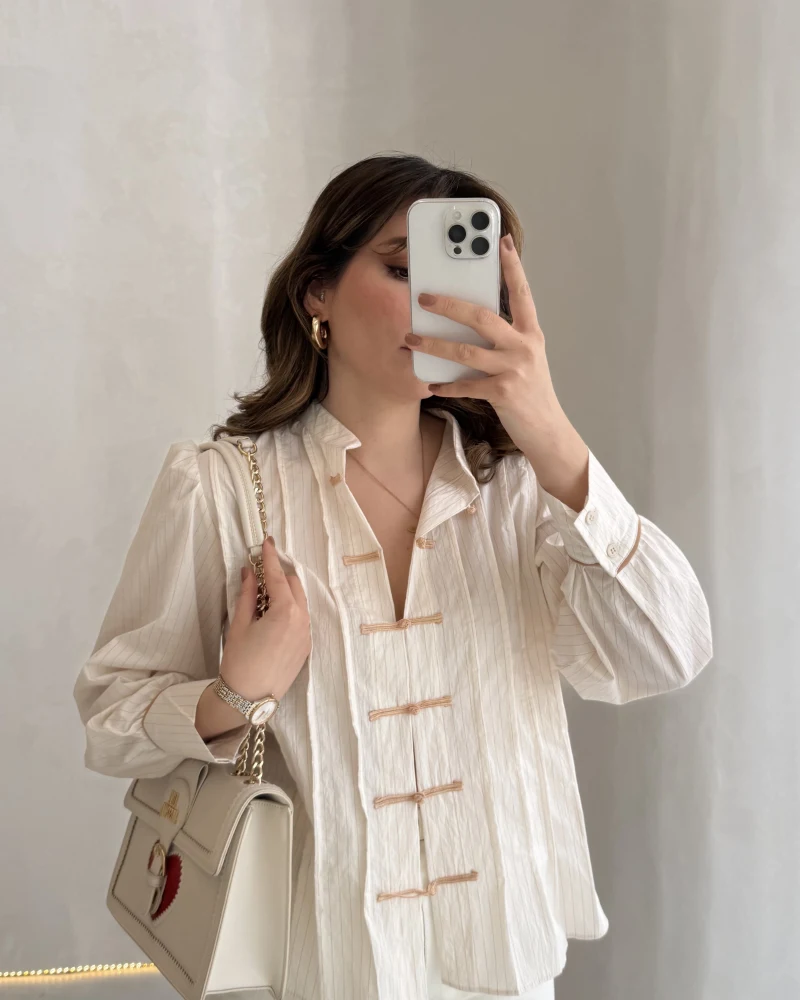 Bridgerton Serisi Çizgili Gömlek - Ekru - Kod: 0949