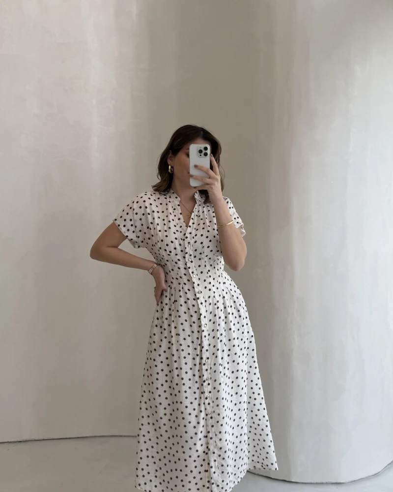 Eclipse Beli Pileli Puantiye Desen Bağcıklı Düğmeli Elbise - Ekru - Kod: 3083