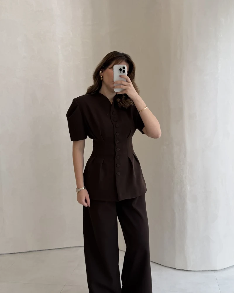 Noir Bel Detay Balon Kol Vatkalı Düğmeli Takım - Acı Kahve