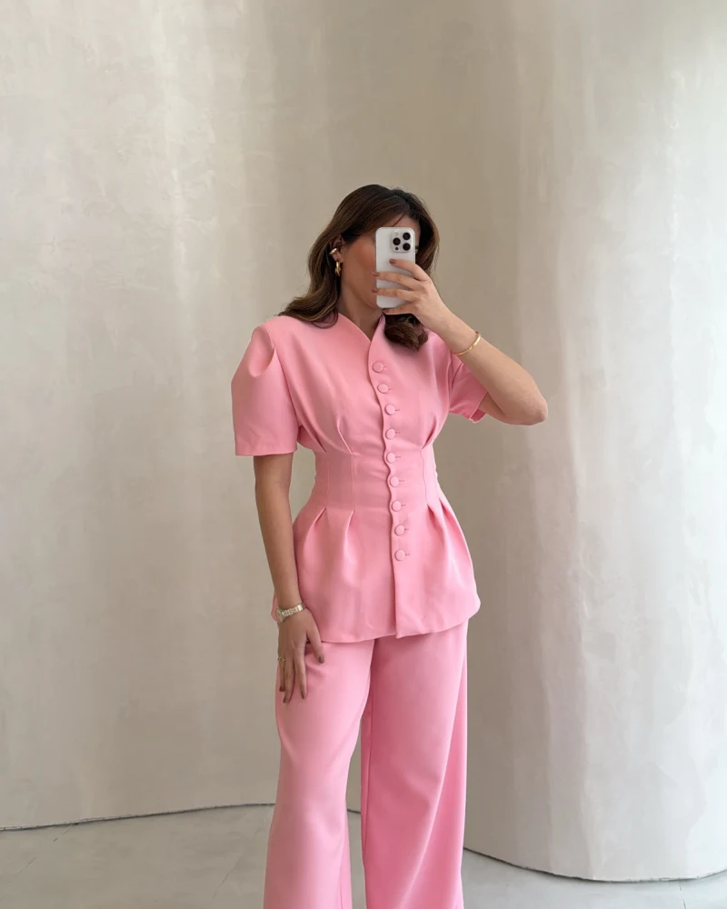 Noir Bel Detay Balon Kol Vatkalı Düğmeli Takım - Pembe