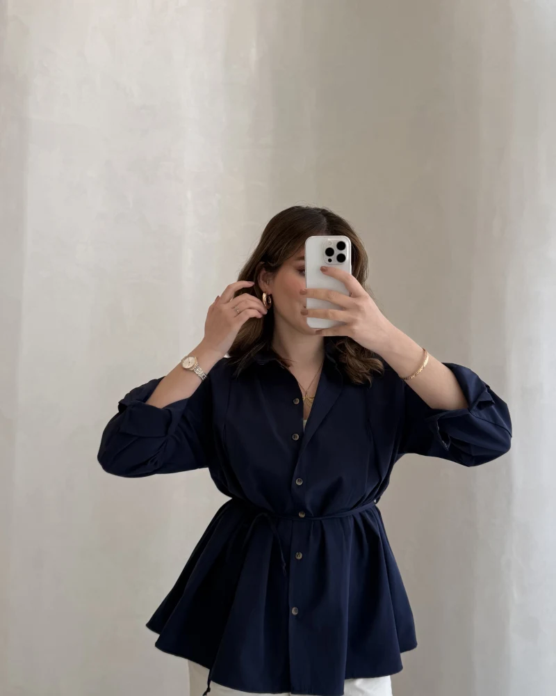 Arkası Pile Detay Bağcıklı Pamuklu Gömlek - Lacivert - Kod: 2206