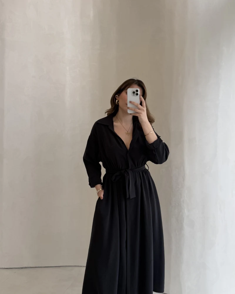 Colosseum Kuşaklı Beli Lastik Detay Düğmeli Elbise - Siyah - Kod: 3079