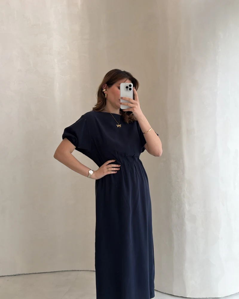 Balon Kol Yırtmaçlı Beli Pileli Pamuk Kumaş Elbise - Lacivert - Kod: 060