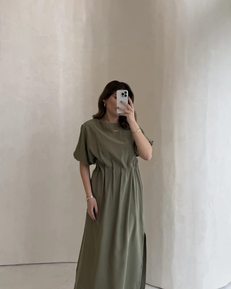 Balon Kol Yırtmaçlı Beli Pileli Pamuk Kumaş Elbise - Haki - Kod: 060