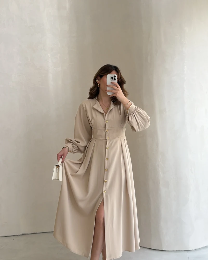 Naples Balon Kol Bel Detay Düğmeli Elbise - Taş - Kod: 4191