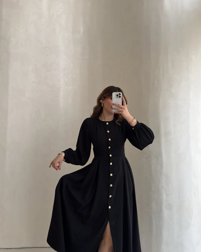 Naples Balon Kol Bel Detay Düğmeli Elbise - Siyah - Kod: 4191