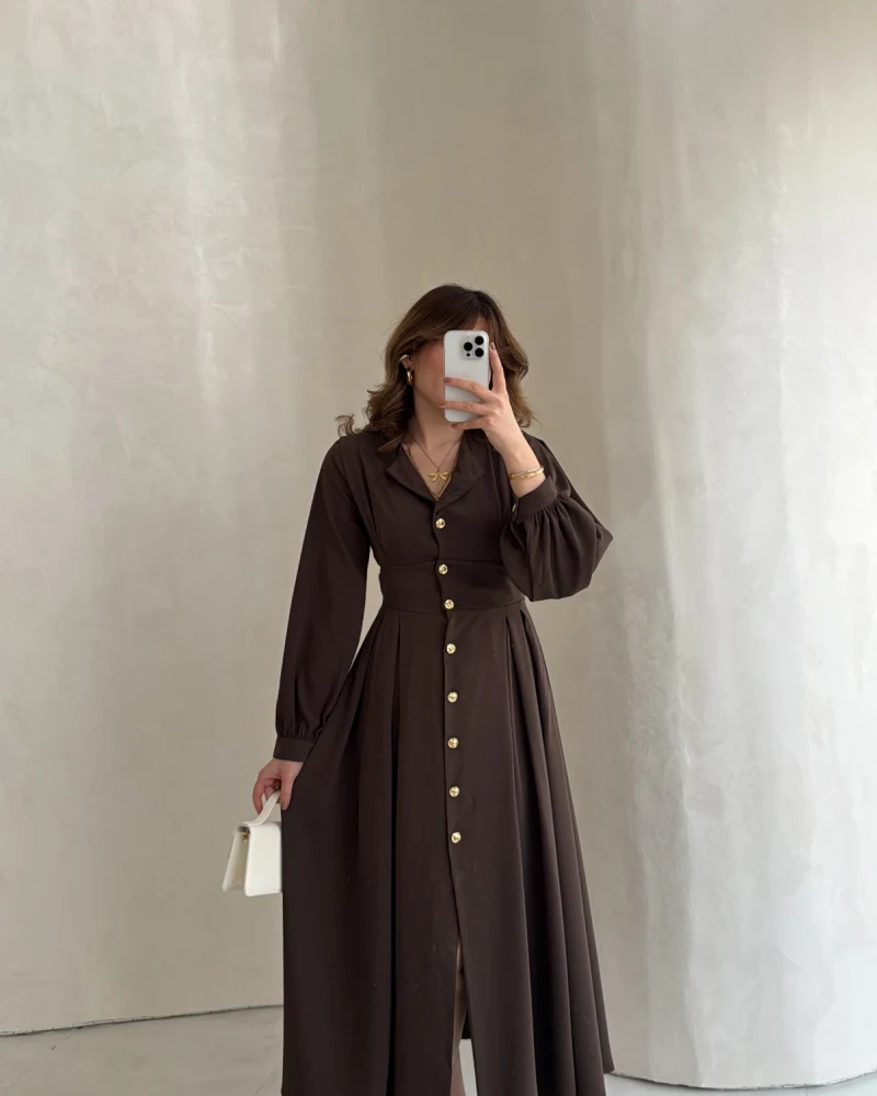 Naples Balon Kol Bel Detay Düğmeli Elbise - Kahverengi - Kod: 4191