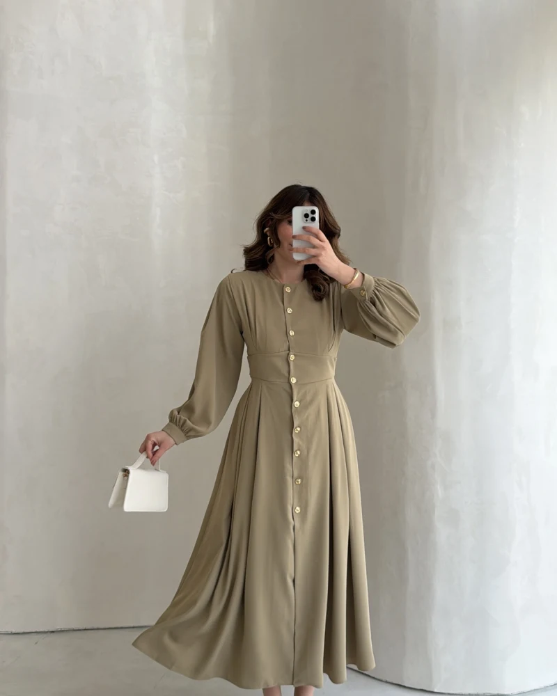 Naples Balon Kol Bel Detay Düğmeli Elbise - Haki - Kod: 4191