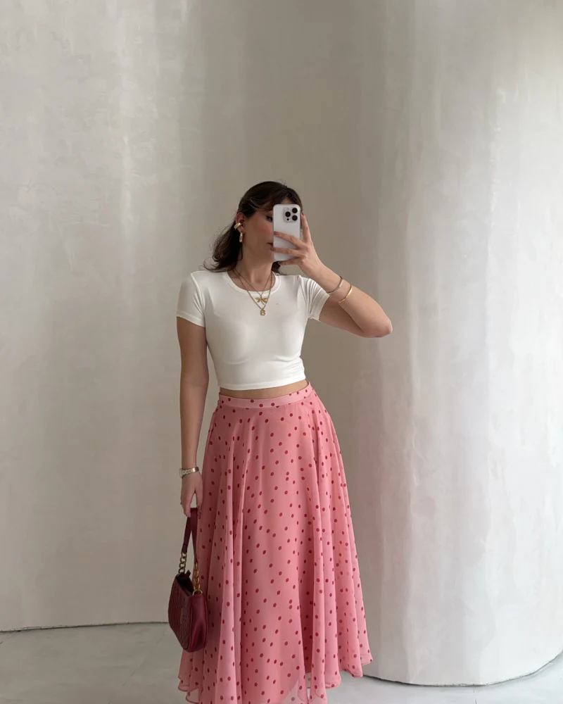 Şifon Puantiye Desenli Kloş Etek - Pembe - Kod: 0613