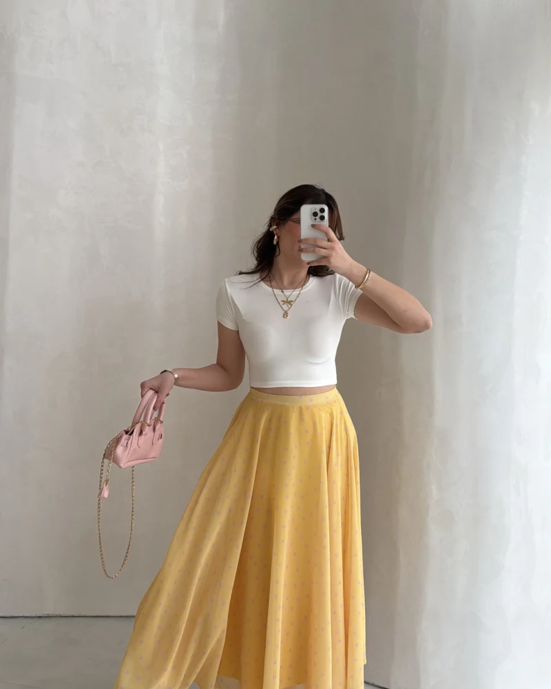 Şifon Puantiye Desenli Kloş Etek - Sarı - Kod: 0613