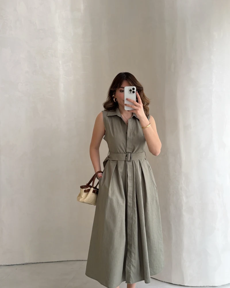 Keten Sıfır Kol Kuşaklı Elbise - Haki - Kod: 580905