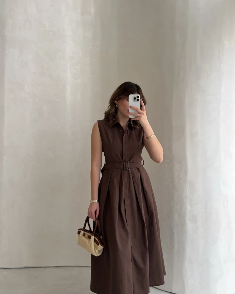 Keten Sıfır Kol Kuşaklı Elbise - Kahverengi - Kod: 580905