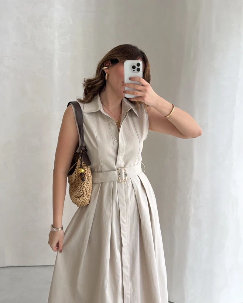 Keten Sıfır Kol Kuşaklı Elbise - Taş - Kod: 580905