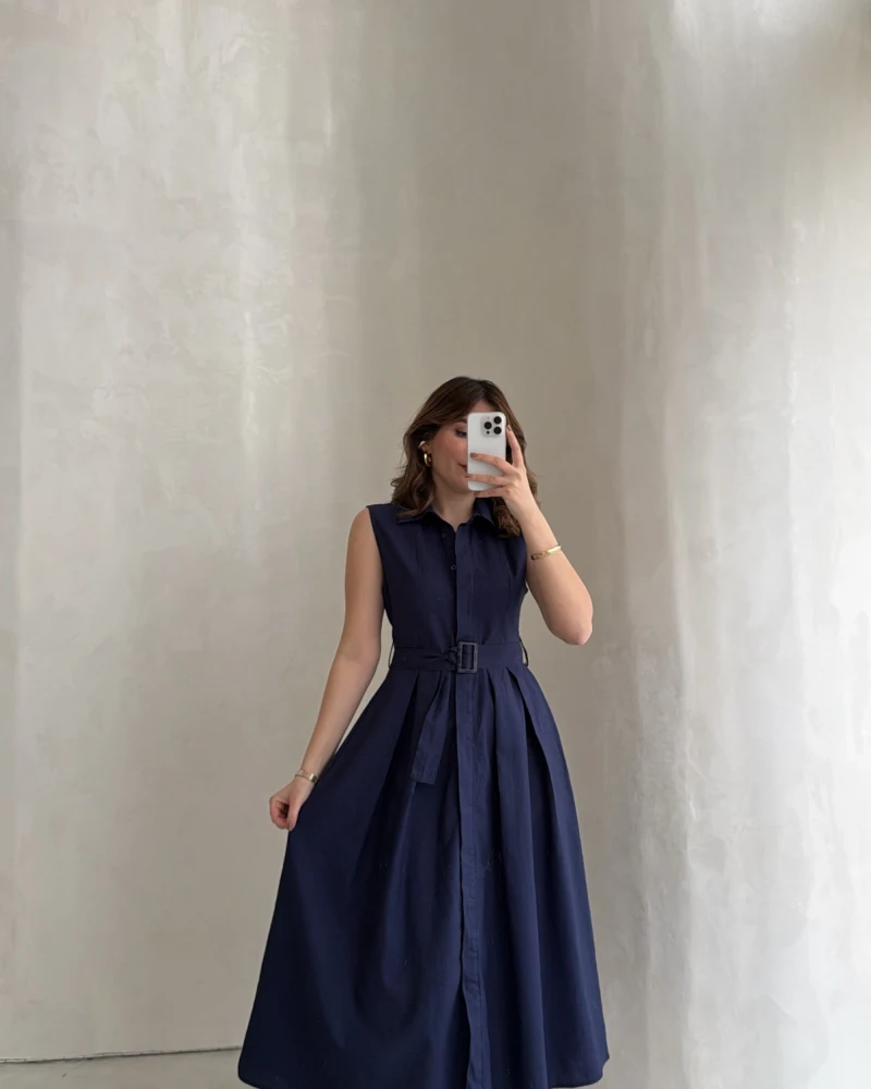 Keten Sıfır Kol Kuşaklı Elbise - Lacivert - Kod: 580905