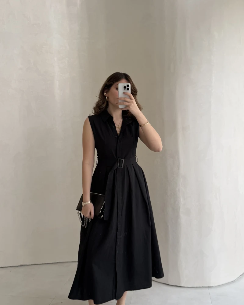 Keten Sıfır Kol Kuşaklı Elbise - Siyah - Kod: 580905