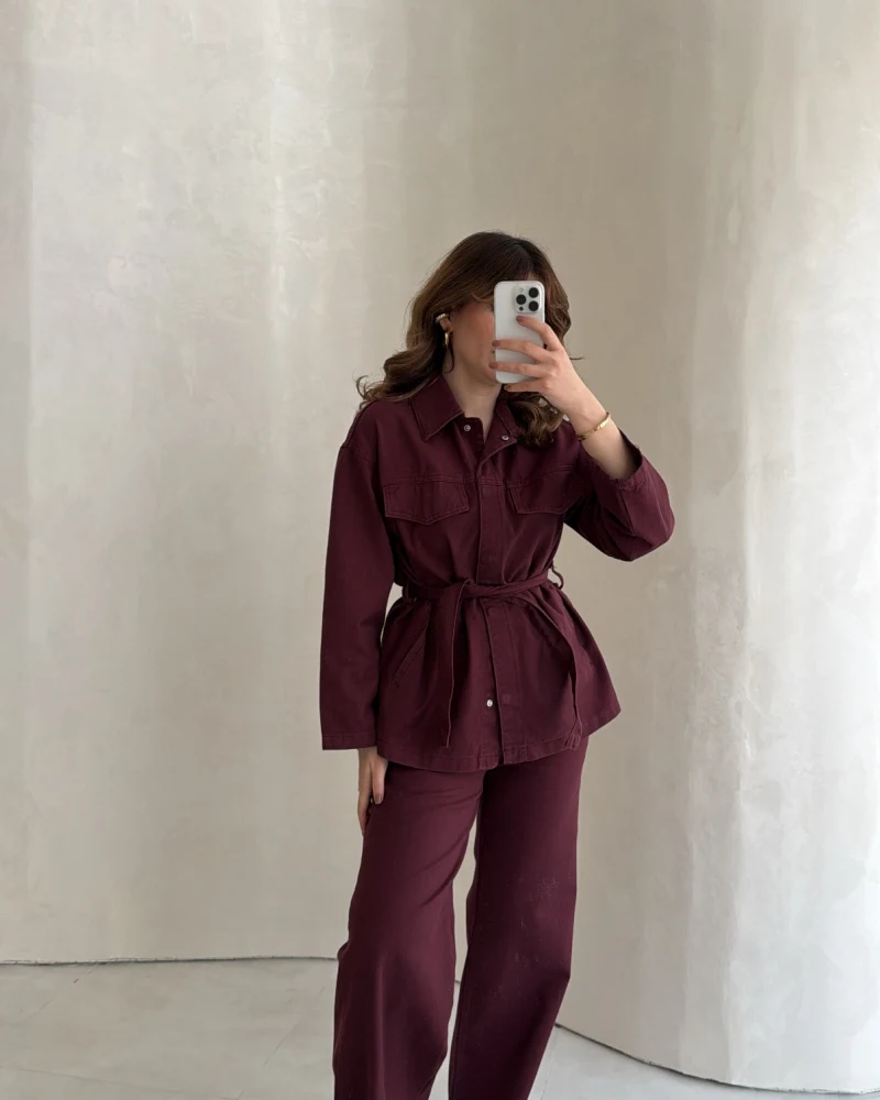 Bel Bağlamalı Önü Çıtçıtlı Kot Denim Takım - Bordo - Kod: 6038
