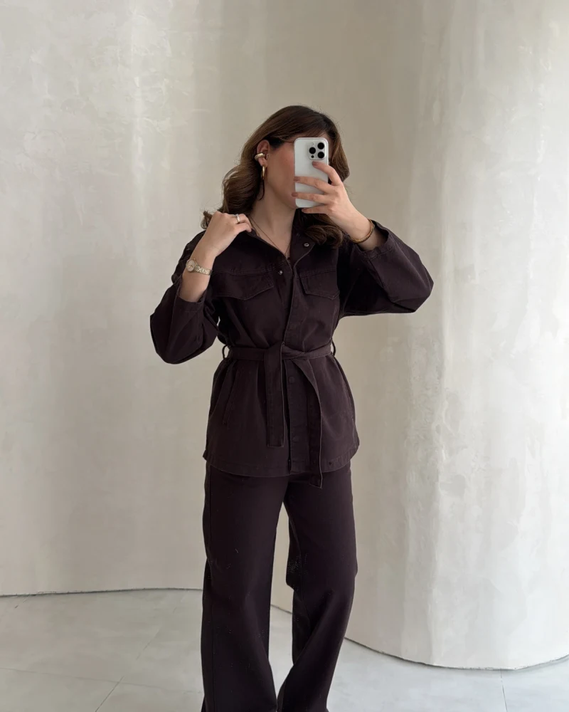 Bel Bağlamalı Önü Çıtçıtlı Kot Denim Takım - Acı Kahve - Kod: 6038