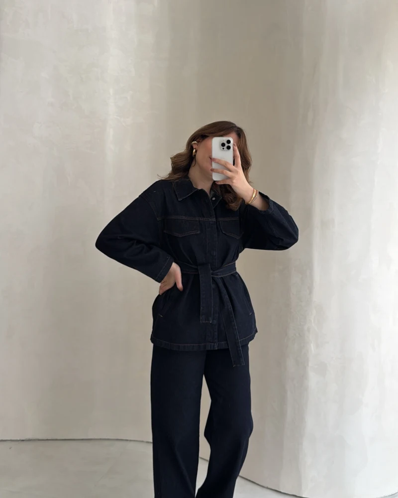 Bel Bağlamalı Önü Çıtçıtlı Kot Denim Takım - Lacivert - Kod: 6038