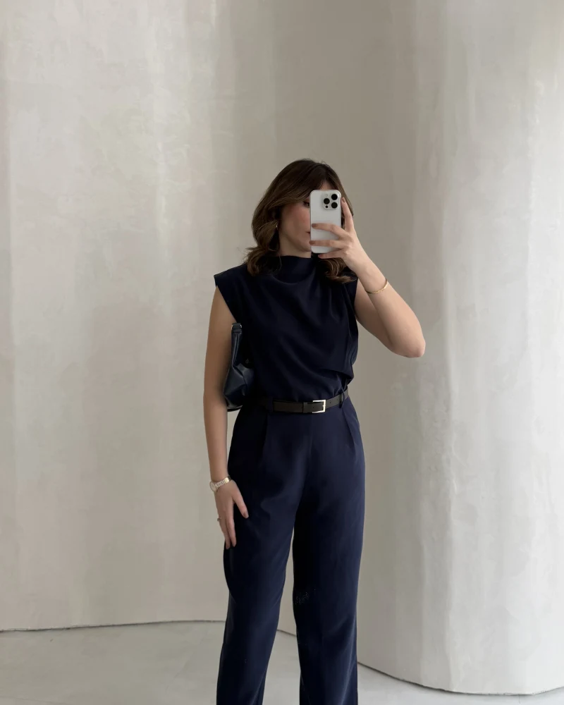 Kemerli Sıfır Kol Tulum - Lacivert - Kod: 580907