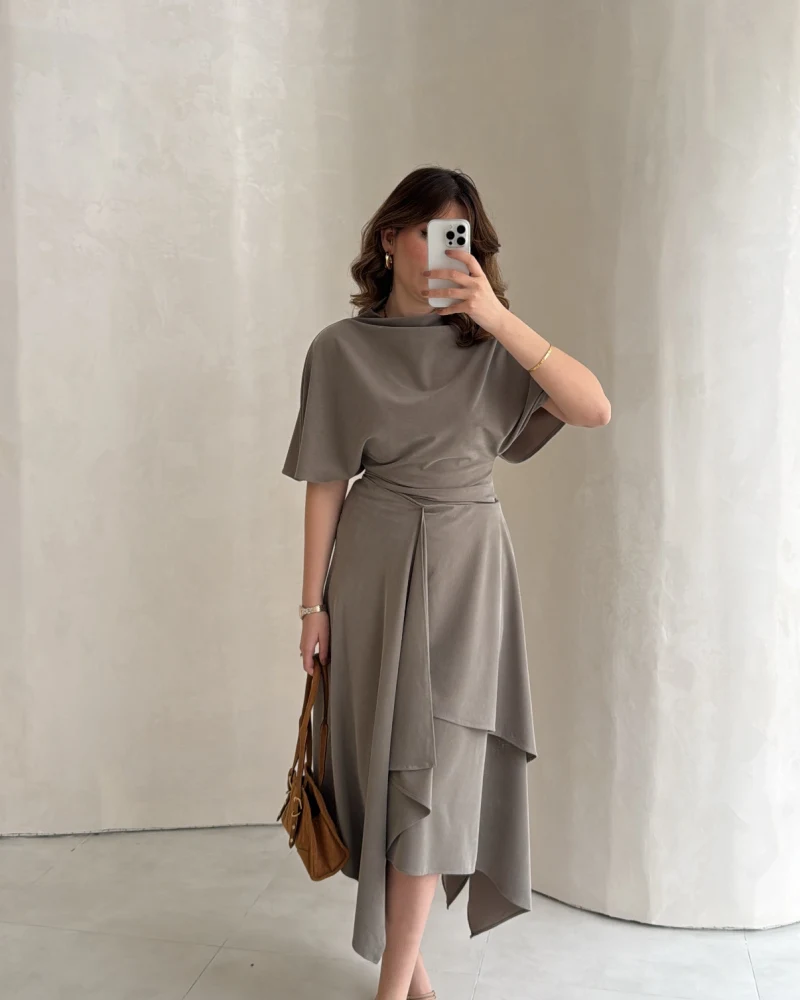 Flawless Modal Kumaş Asimetrik Kesim Etek Bluz Takım - Haki - Kod: 0931