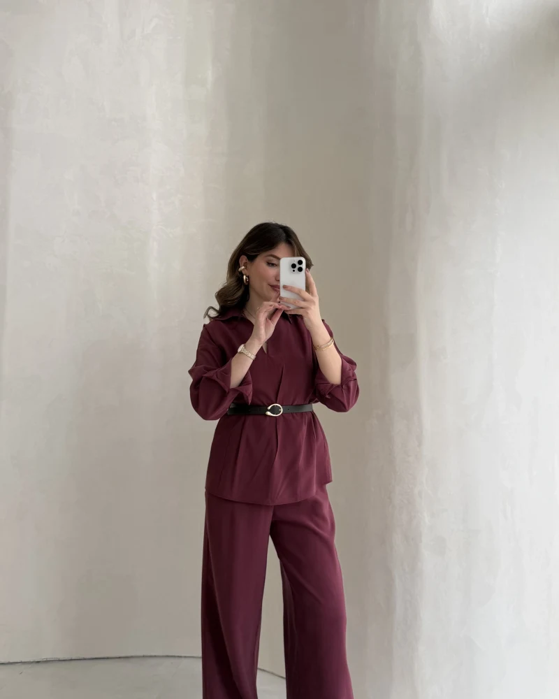 Kemerli Bel Detaylı Gömlek Pantolon Takım - Bordo - Kod: 58495
