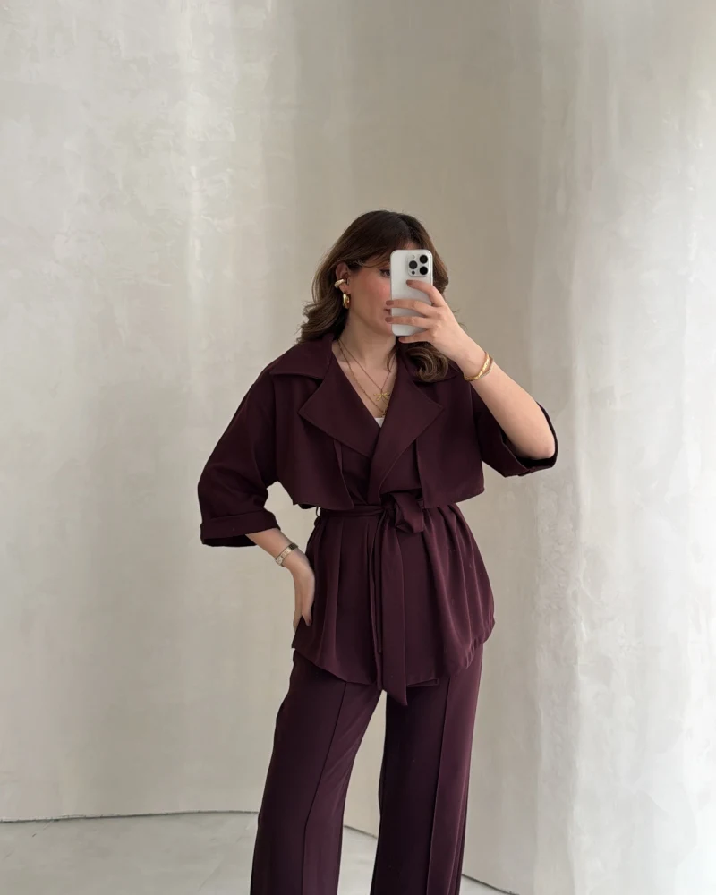 Dökümlü Beli Bağlamalı Takım - Bordo - Kod: 8099