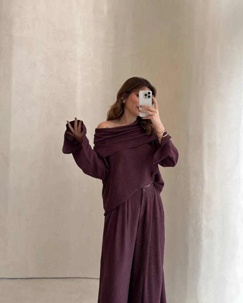 Madonna Yaka Bluz Geniş Paça Pantolon Takım - Mürdüm - Kod: 0957