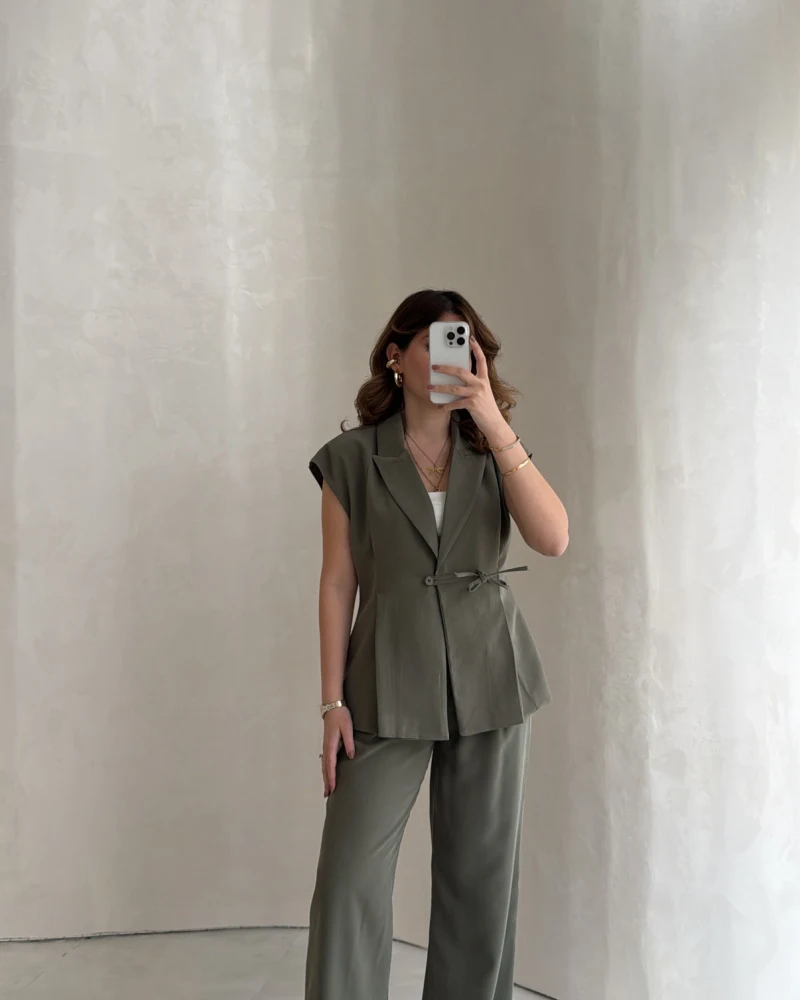 Diagonel Yelek Pantolon Takım - Haki - Kod: 8106