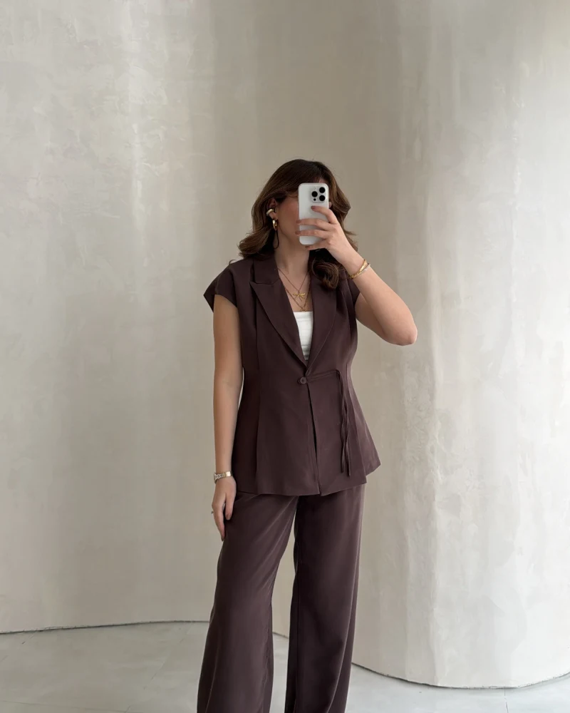 Diagonel Yelek Pantolon Takım - Kahverengi - Kod: 8106