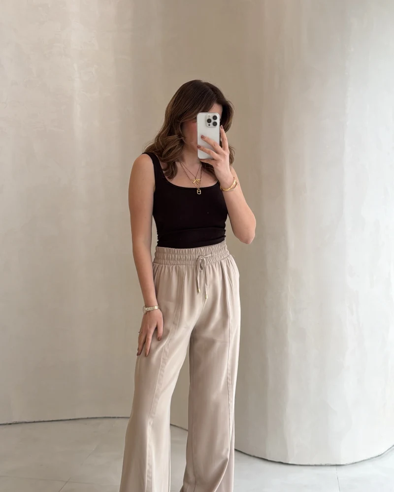 Dökümlü Bağcıklı Beli Lastikli Pantolon - Taş - Kod: 0893