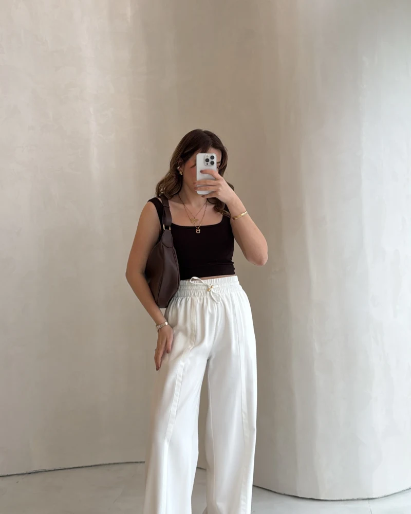 Dökümlü Bağcıklı Beli Lastikli Pantolon - Ekru - Kod: 0893