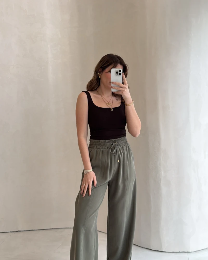 Dökümlü Bağcıklı Beli Lastikli Pantolon - Haki - Kod: 0893