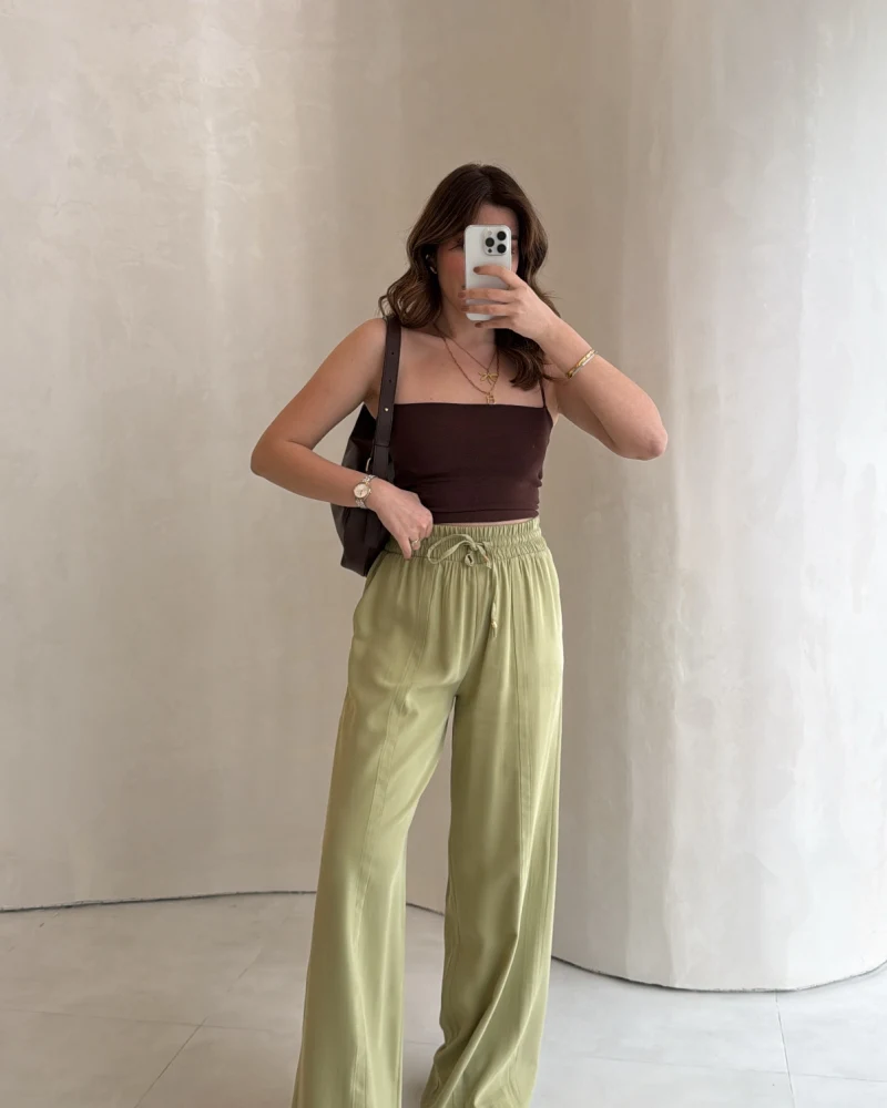 Dökümlü Bağcıklı Beli Lastikli Pantolon - Mint - Kod: 0893