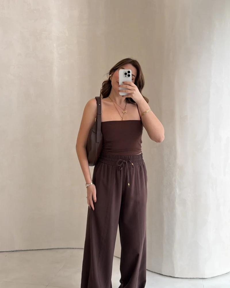 Dökümlü Bağcıklı Beli Lastikli Pantolon - Kahve - Kod: 0893