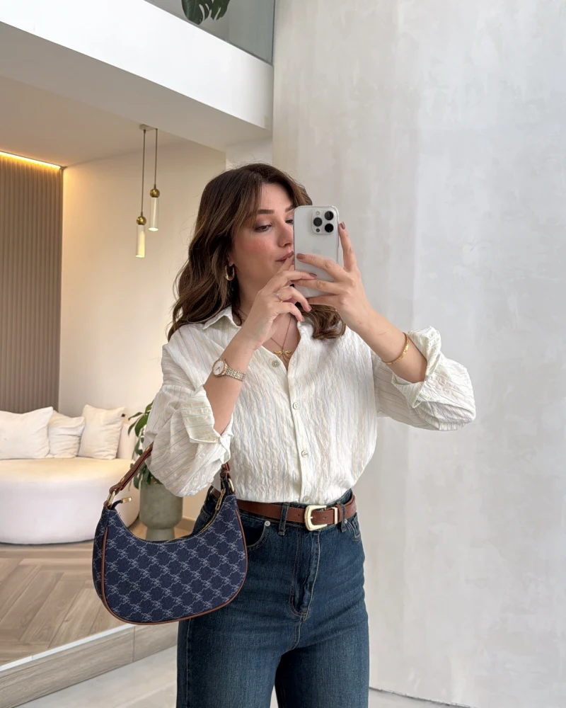 Simli Mavi Çizgili Gömlek - Kod: 2216