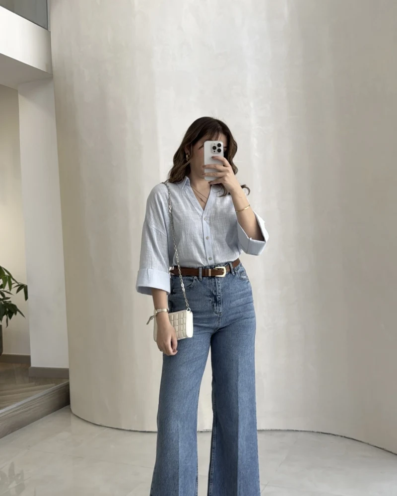 Ultra Yüksek Bel Kemerli Likralı Denim Jean Pantolon - Mavi - Kod: 1832