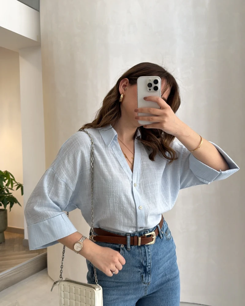 Şantuk Keten Kumaş Gömlek - Mavi - Kod: 2164