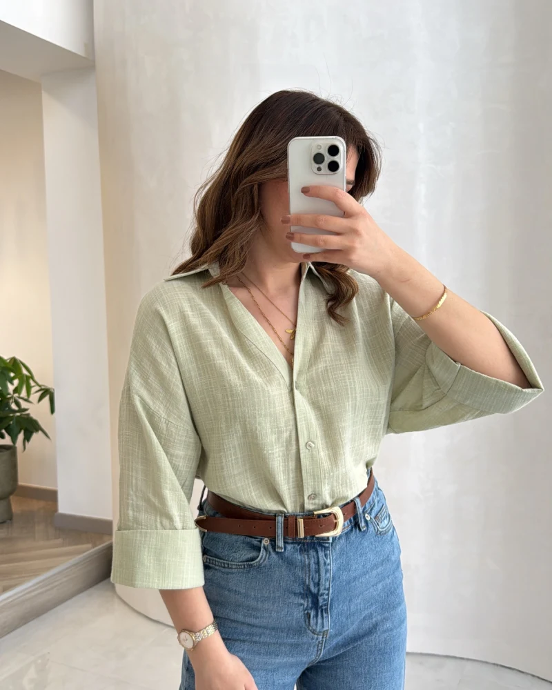 Şantuk Keten Kumaş Gömlek - Çağla - Kod: 2164