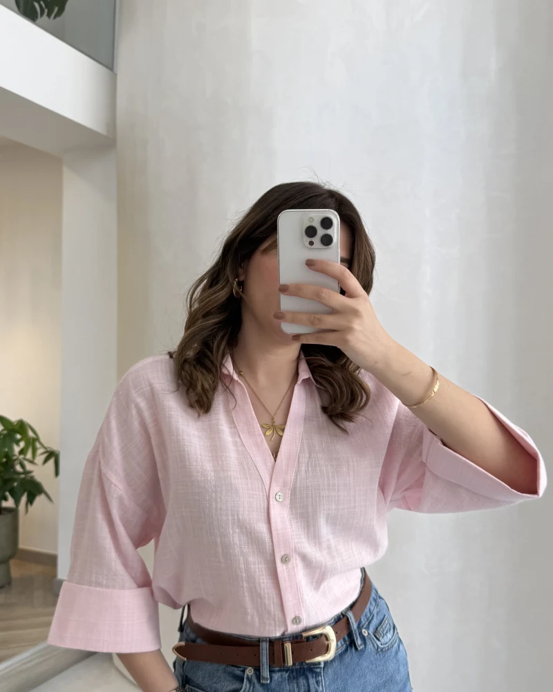 Şantuk Keten Kumaş Gömlek - Pembe - Kod: 2164