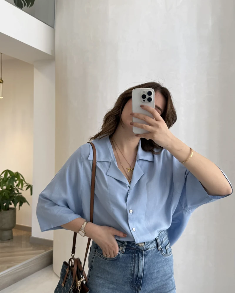 Keten Kumaş Gömlek - Bebe Mavisi - Kod: 4982