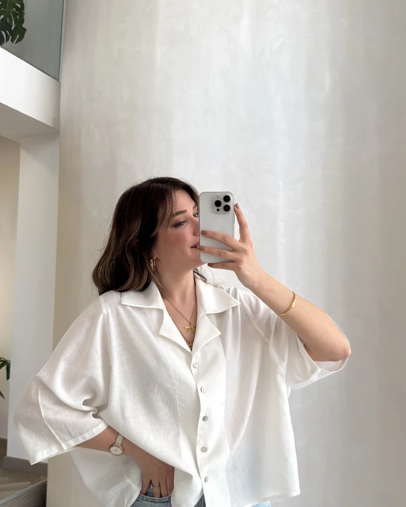 Keten Kumaş Gömlek - Beyaz - Kod: 4982