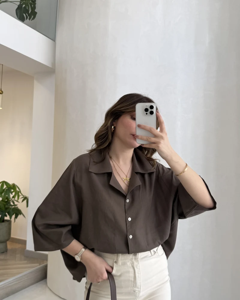 Keten Kumaş Gömlek - Kahve - Kod: 4982