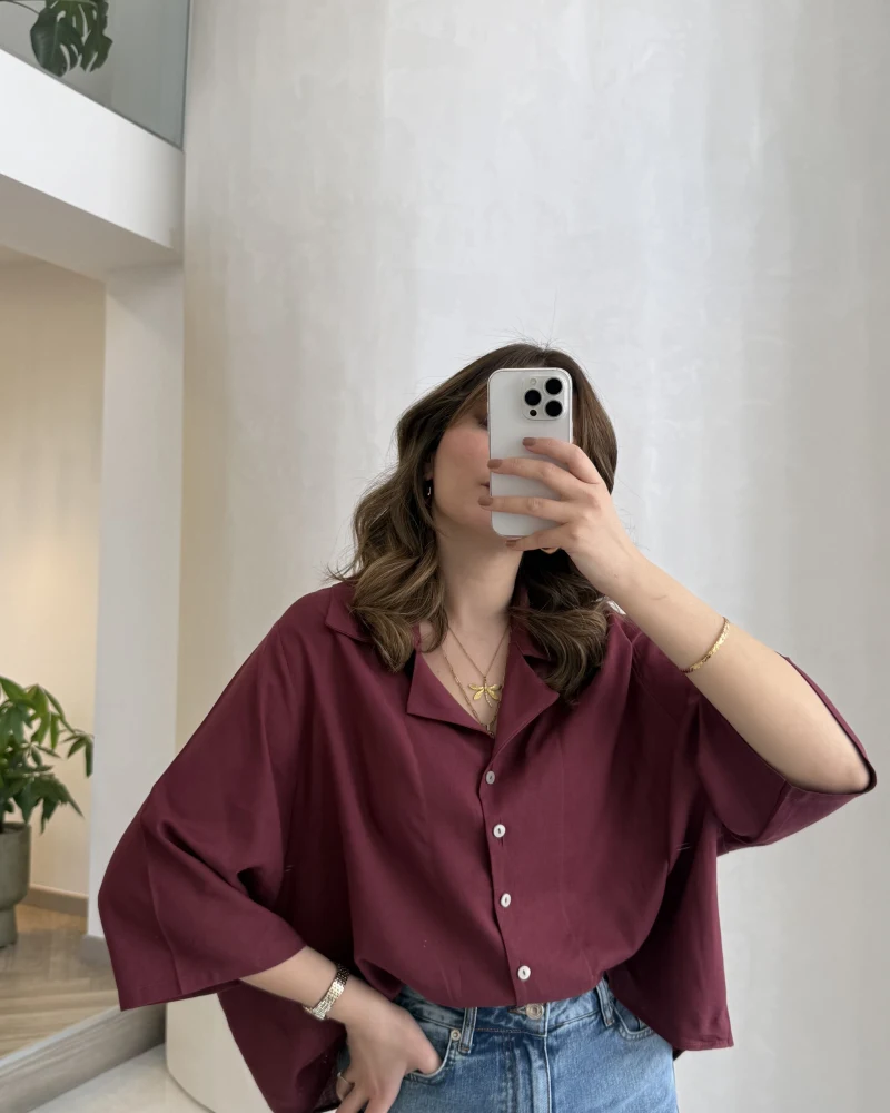 Keten Kumaş Gömlek - Bordo - Kod: 4982