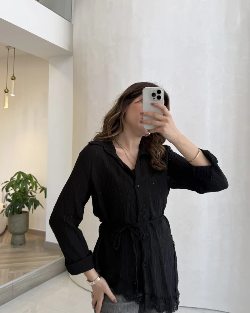 Bağlamalı Dantel Detay Çizgili İçi Askılı Body Gömlek - Siyah - Kod: 39290