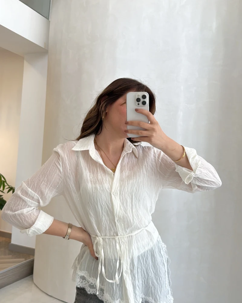 Bağlamalı Dantel Detay Çizgili İçi Askılı Body Gömlek - Ekru - Kod: 39290