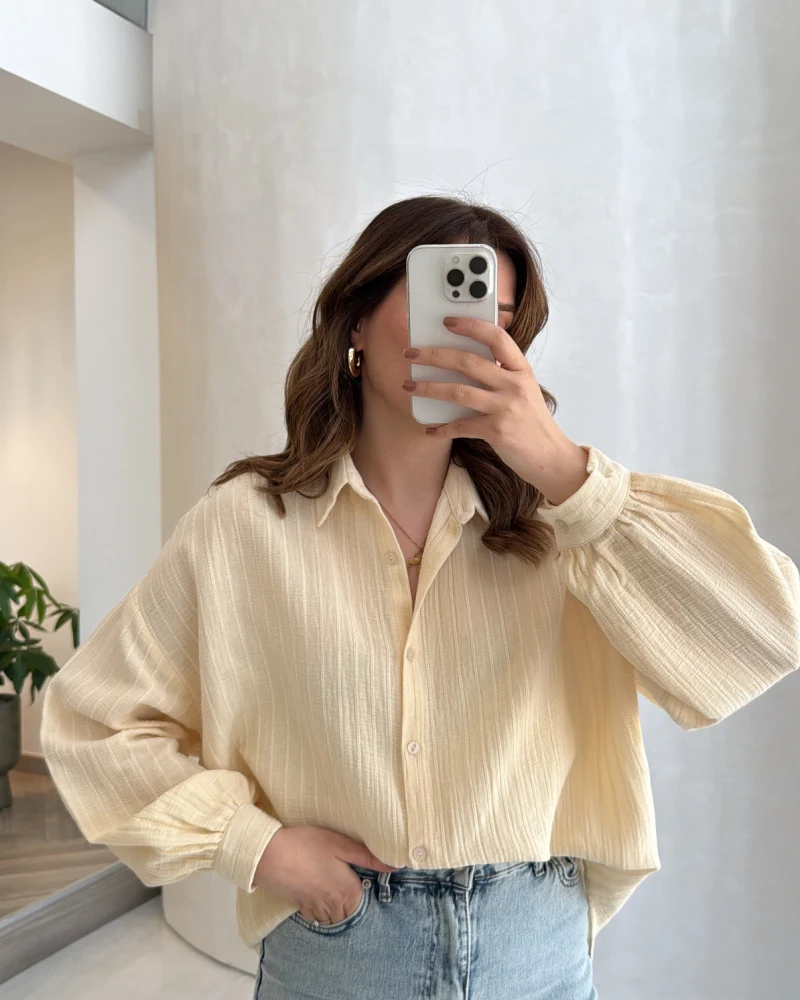 Helen Pamuk Kumaş Uzun Çizgili Gömlek - Sarı - Kod: 2194