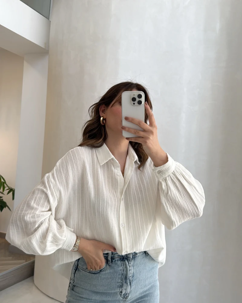 Helen Pamuk Kumaş Uzun Çizgili Gömlek - Ekru - Kod: 2194