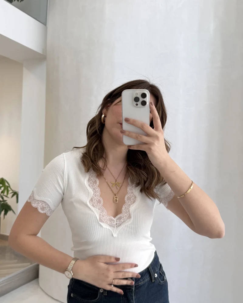 Fitilli Dantel Detay Bluz - Ekru - Kod: 1080