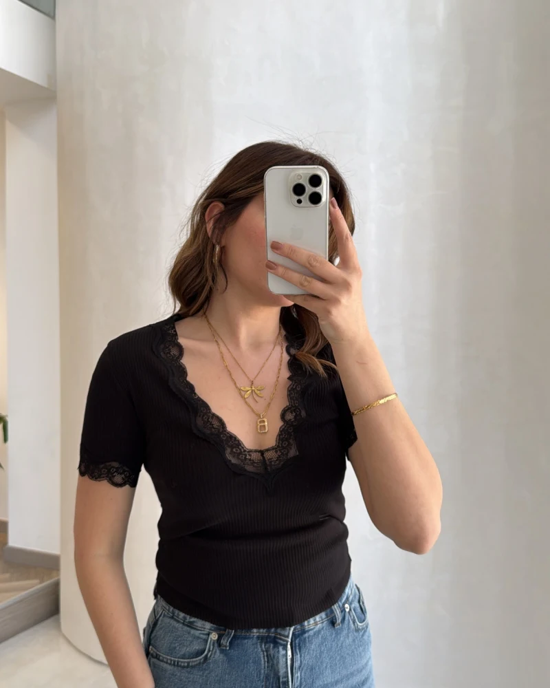 Fitilli Dantel Detay Bluz - Siyah - Kod: 1080