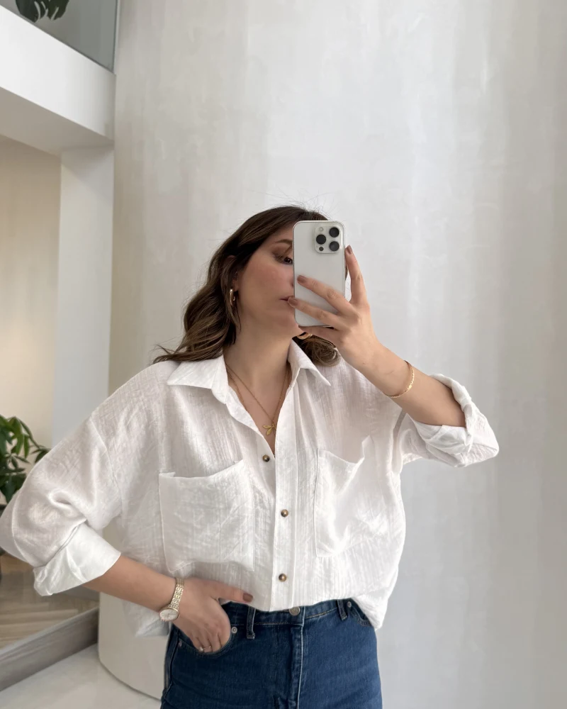 Cepli Uzun Gömlek - Ekru - Kod: 2191